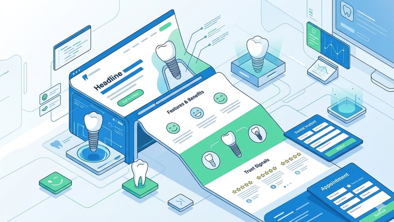 Современная иллюстрация структуры лендинга по имплантации зубов для сайта стоматологической клиники в минималистичном стиле