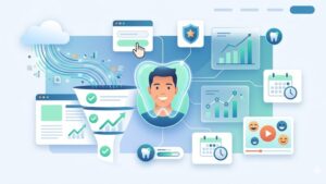 Современная иллюстрация процесса разработки конверсионного лендинга для стоматологической клиники в минималистичном стиле