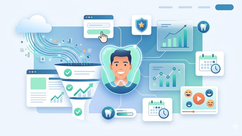 Современная иллюстрация процесса разработки конверсионного лендинга для стоматологической клиники в минималистичном стиле
